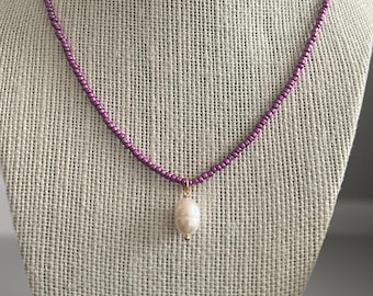 Dainty Purple Seed Bead Necklace With Freshwater Pearl Charm