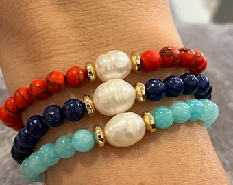 Stone Bead Bracelet With Freshwater Pearl And 14k Gold- Lapis Lazuli- Red Stone- Blue Amazonite