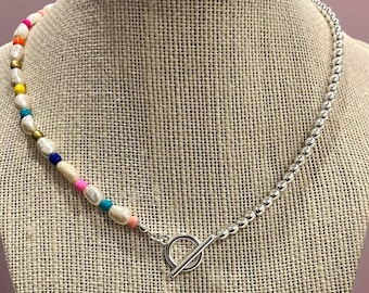 Half Freshwater Pearl And Sterling Silver Necklace- Handmade Rainbow Bead Necklace