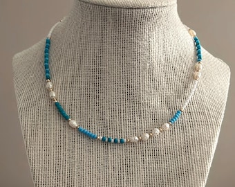 Turquoise Seed Bead Necklace with Freshwater Pearls – 14k Gold Accents