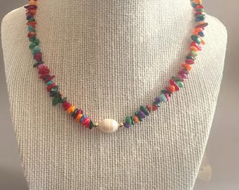 Rainbow Shell Bead Necklace With Accent Pearl- Beachy Vibes Neckace- Handmade