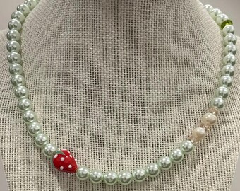 Handmade Strawberry Pearl Necklace – Mint Green Glass Beads, Porcelain Charm