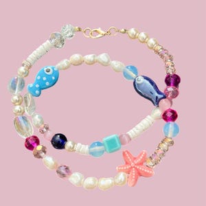 fish charm necklace-beaded fish charm necklace with ocean beads-mixed beaded fish necklace-starfish necklace