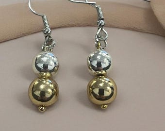 Handmade Mixed Metal Earrings: Gold and Silver Ball Dangle