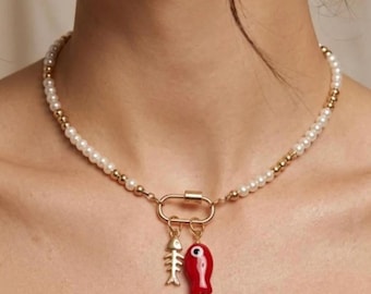 Fish Charm Necklace 14k Gold Filled Beads, Glass Pearls, Carabiner Necklace