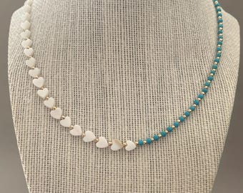 Turquoise Heart Shell Necklace – Dainty 14k Gold Beaded Choker (Half Half)