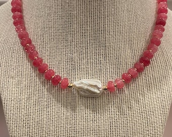 Pink Stone Bead Necklace With Baroque Pearl- Sterling Silver
