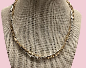 Two-Tone Beaded Necklace: Mixed Silver And Gold Square Design
