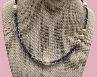 Freshwater Pearl Necklace-Blue Seed Beads, 14k Gold Accents