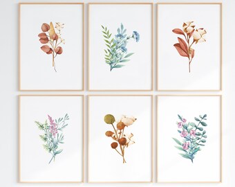 Druckbare Wandkunst, Bunte Wildblumen 6er Set, Helle Blumendrucke, Digitaldruck Download, druckbare Blumen Aquarelle