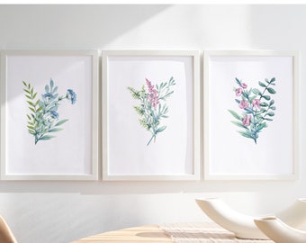 Druckbare Wandkunst, Bunte Wildblumen Kunst 3er Set, Helle Blumendrucke, Digitaldruck Download, druckbare Blumen Aquarelle