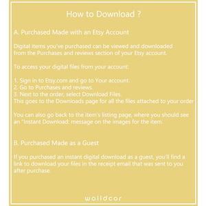 May include: A yellow background with black text explaining how to download digital items purchased from Etsy. The text includes instructions for downloading items purchased with an Etsy account and as a guest.