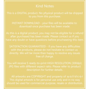 May include: A digital product information sheet with a cream-colored background and a gold border. The text includes "Kind Notes" and details about the digital artwork, including instant download, refund policy, and copyright information.