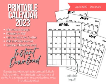 2023 Kalender Printable | Sofort Download Kalender | Druckbarer Kalender Monatlich | A4 A3 Letter Digital PDF | Montag & Sonntag Start