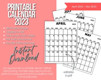 Printable Calendar May 2023 | Instant Download Calendar | Printable Calendar Monthly | Digital Calendar Monthly | Monday & Sunday Start