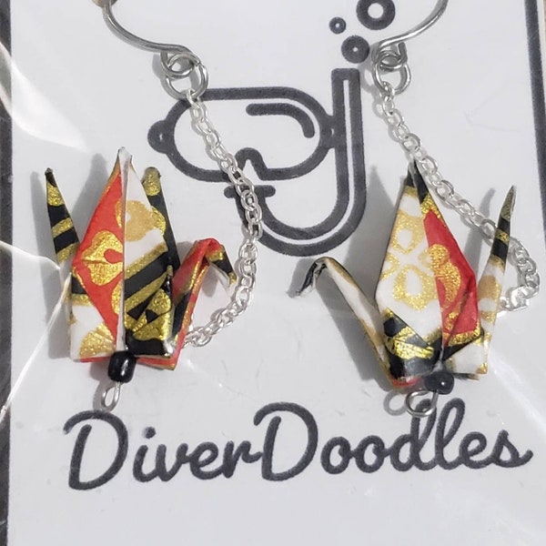 Small Multicolored Origami Paper Crane Dangle Earrings