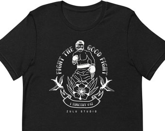 May include: Black t-shirt with a white graphic of a boxer with the text "Fight the Good Fight 1 Timothy 6:12 Zulu Studio".