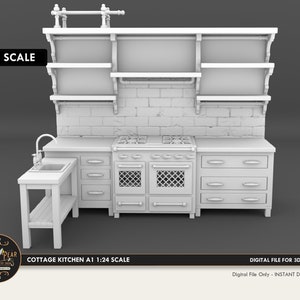 1:24 Cottage Kitchen Set stove cupboards, counter  Miniature - 3D STL PRINT file Instant Download