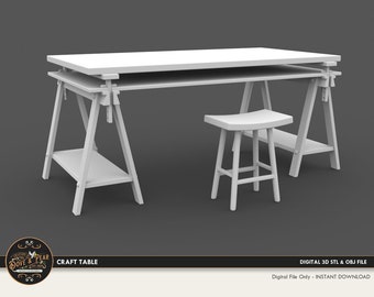 1:12 Craft Table Workbench and Stool Dollhouse Miniature - 3D STL PRINT file Instant Download