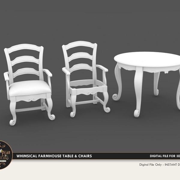 1:12 Whimsical Farmhouse Table and Chairs Dollhouse Miniature - 3D STL PRINT file Instant Download