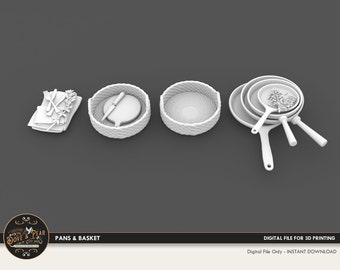 1:12 Pans & A Basket Kitchen accessory set Dollhouse Miniature - 3D STL PRINT file Instant Download