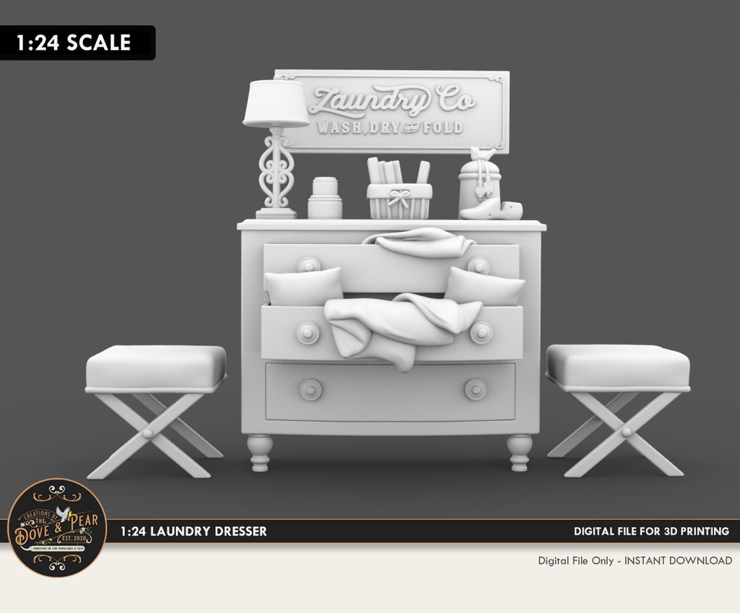 124 Half Scale Laundry Dresser Scene With Sign Dollhouse Miniature 3D