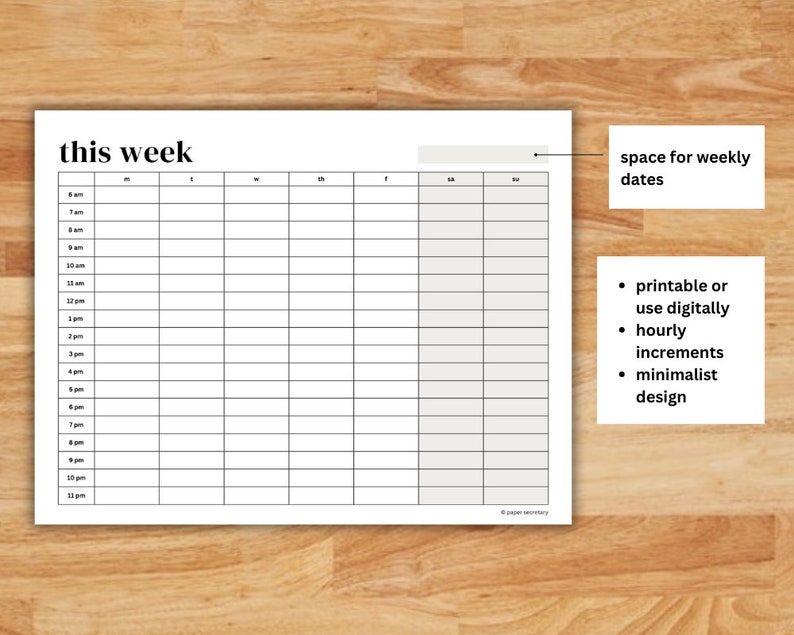 Printable Weekly Time Blocking Template, Hourly Planner, Minimalist ...