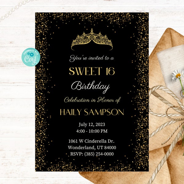 Black Gold Sweet Sixteen Birthday Invitation, 16th Party, Teenager Girl, Digital Invite, Instant Download