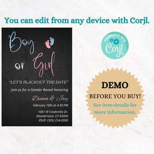 Blackout Gender Reveal Invitation, Boy or Girl, Blue or Pink, Digital