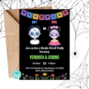Invitación para revelar el género del bebé con temática del Día de los Muertos, invitación con calavera de azúcar para Halloween, anuncio de bebé, niño o niña, descarga digital