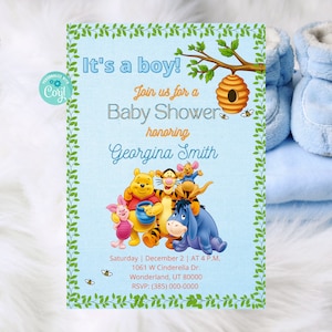 Winnie the Pooh Baby Shower Invitation, It&#39;s a Boy Party, Mom to be, Digital Invite, Instant Download