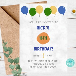 Teenager Birthday Invitation Template, Balloons, Editable Digital Invite, Instant Download