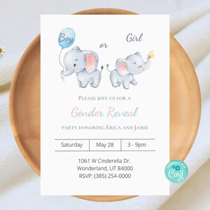 Elephant Gender Reveal Invitation, Girl or Boy, She or He, Digital Invite, Instant Download