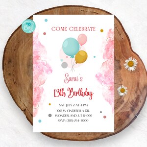 Pink Balloons Birthday Invitation, Teenager Girl, Digital Invite, Instant Download