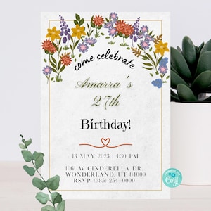 Floral Women Birthday Invitation, Flowers Theme, Adult Party, Digital Download