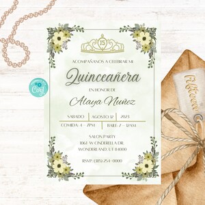 Green Floral Quinceañera Invitation, Mis Quince Años, 15th Birthday Party, Digital Invite, Instant Download
