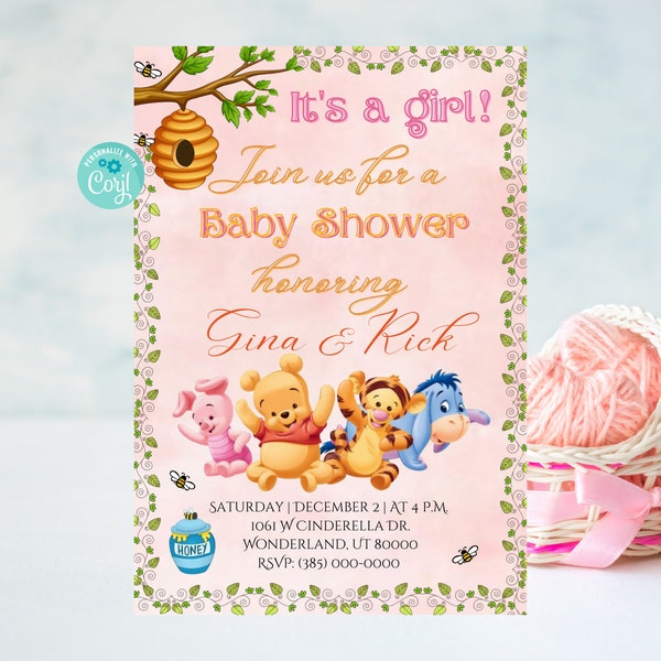 Pink Winnie the Pooh Baby Shower Invitation, It's a Girl Party, Teddy Bear Theme Invite, Digital Template, Instant Download