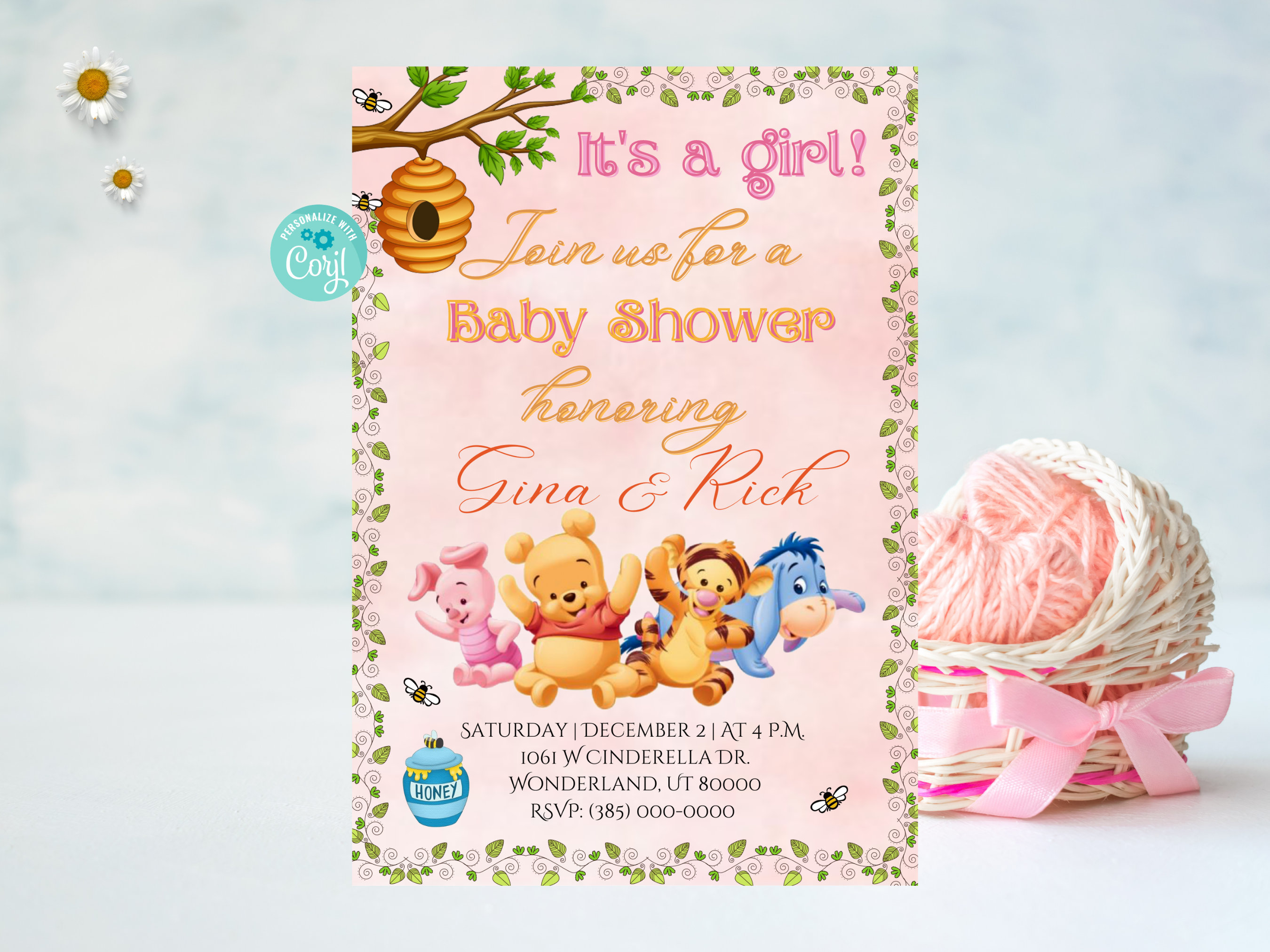 Winnie the Pooh Baby Shower Invitation, Pooh and Friends Theme, It's a Girl  Party, Pink Gender Reveal, Editable Template, Digital Download - Etsy, image size:2700x2025
