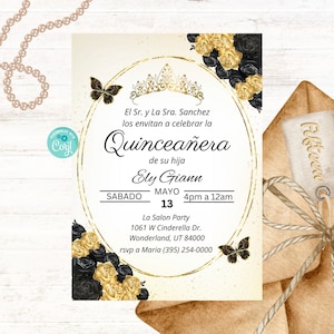 Gold Black Quinceañera Invitation, Mis 15 Años Celebration, Floral Butterfly Theme, Teenager Girl Birthday Party, Digital Instant Download
