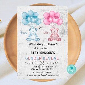 Teddy Bear Gender Reveal Invitation, Girl or Boy, Pink or Blue, Digital Invite, Instant Download