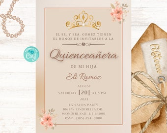 Floral Beige Quinceañera Invitation, Mis Quince Años, 15th Birthday Party, Digital Invite, Instant Download