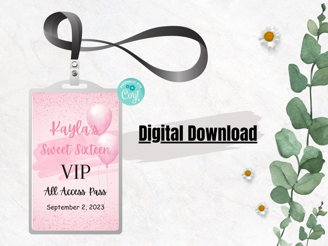 Pink Birthday VIP Lanyard Insert, Sweet 16, Party Celebration Pass ...