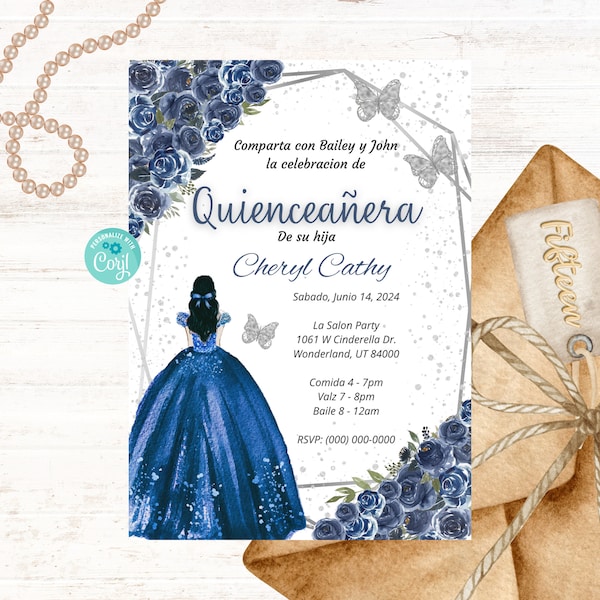 Floral Navy Blue Silver Quinceañera Invitation, Mis 15 Años Celebration, Teenager Girl Birthday Party, Digital Instant Download