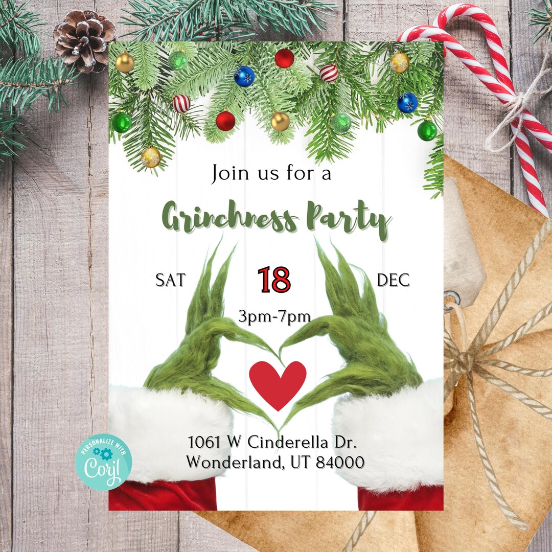 The Grinch Hands Heart Invitation, Holiday Party, Two Sizes Too Small ...