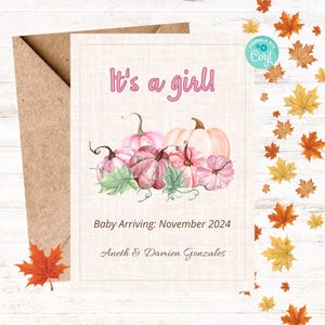 Rosa Kürbis Schwangerschaftansage, es ist ein Mädchen, November-Fall-Thema, Herbst-große Nachrichten, Baby offenbaren, digitaler Download
