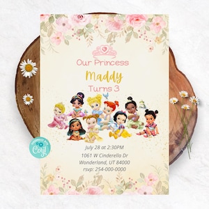 Convite de aniversário de princesa bebê, convite para festa de menina, comemoração especial para criança, design floral suave, download digital