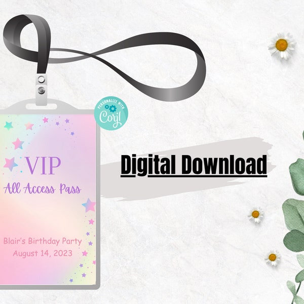 Pink Purple Birthday VIP Lanyard Insert, Party Celebration Pass, Stars Theme, Editable Digital Instant Download