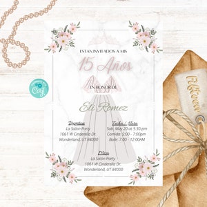 Modèle d&#39;invitation de Quinceañera rose clair, Mis Quince Años, 15e anniversaire, téléchargement numérique