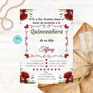 Red Floral Quinceañera Invitation, Mis Quince Años, 15th Birthday Party, Digital Invite, Instant Download
