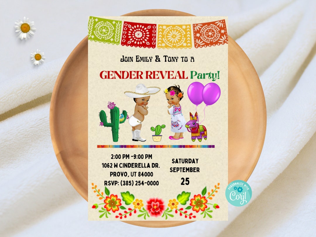 Mexican Gender Reveal Invitation, Boy or Girl, Spanish Theme, Digital